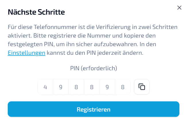LIVOI Pop-up zur 2FA-Registrierung mit PIN-Eingabe für die verbundene Telefonnummer