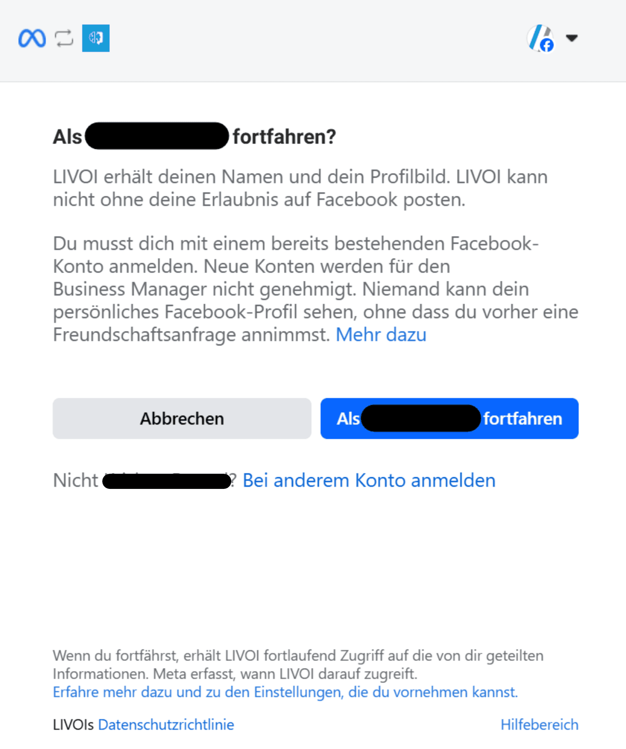 Meta-Anmeldedialog zur Verknüpfung des WhatsApp-Unternehmenskontos mit LIVOI