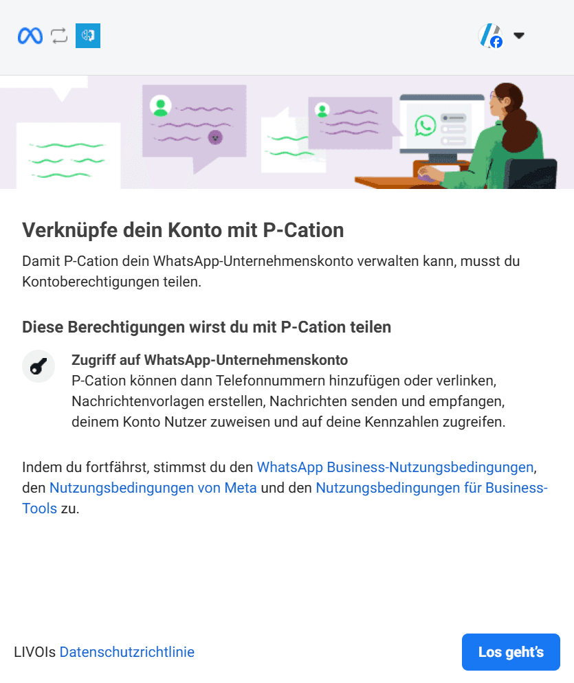 Dialog zur Bestätigung der angeforderten WhatsApp- und Ereignisberechtigungen für LIVOI