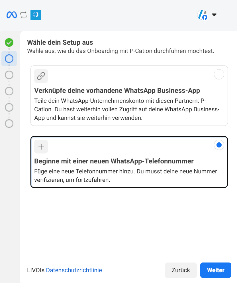 Optionen im Onboarding: bestehende App verknüpfen oder neue Telefonnummer hinzufügen