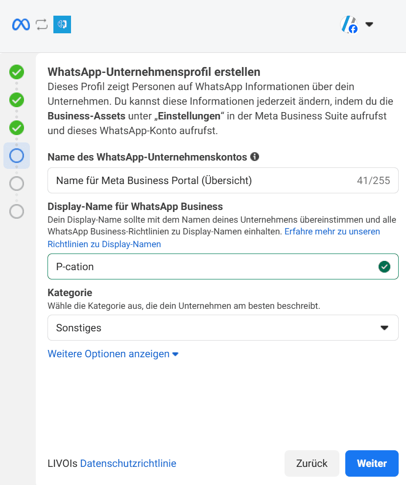 Formular zur Erstellung eines Unternehmensprofils mit Feldern für Anzeigename und Kategorie