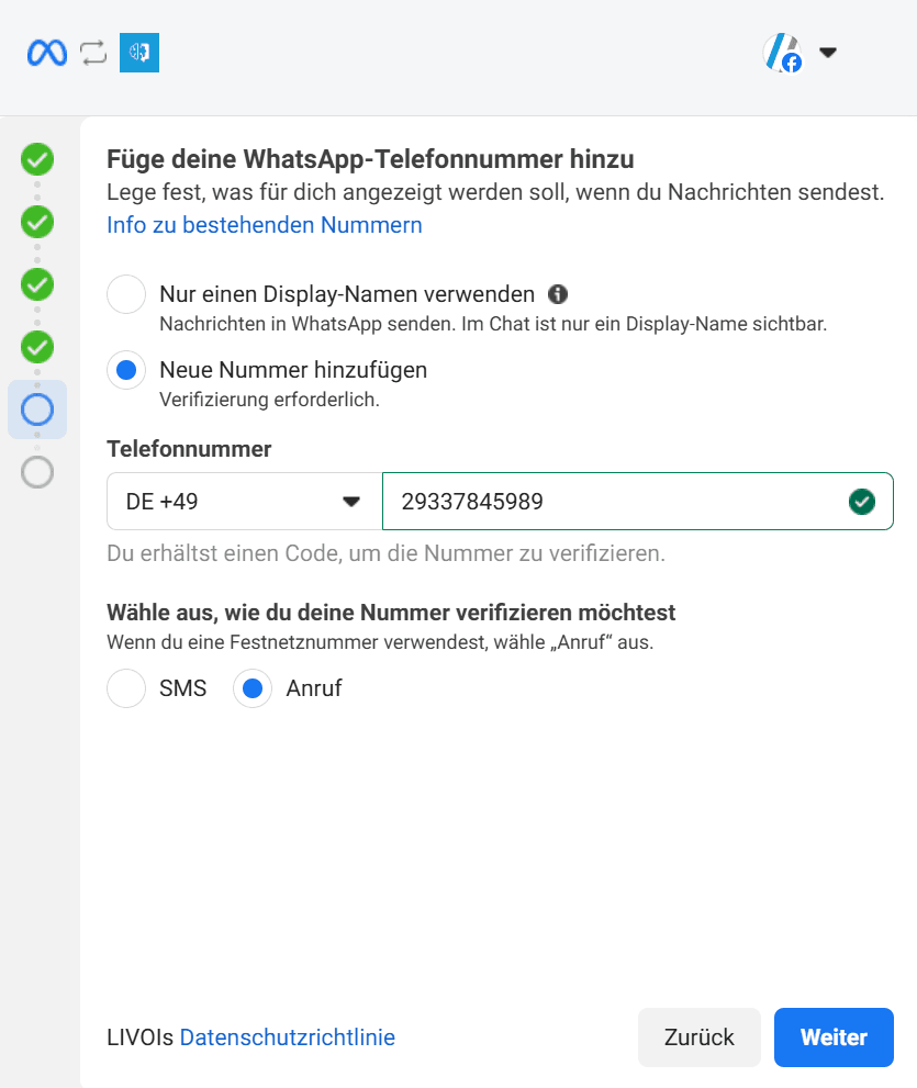 Eingabemaske zum Hinzufügen der Telefonnummer und Auswahl der Verifizierung per SMS oder Anruf