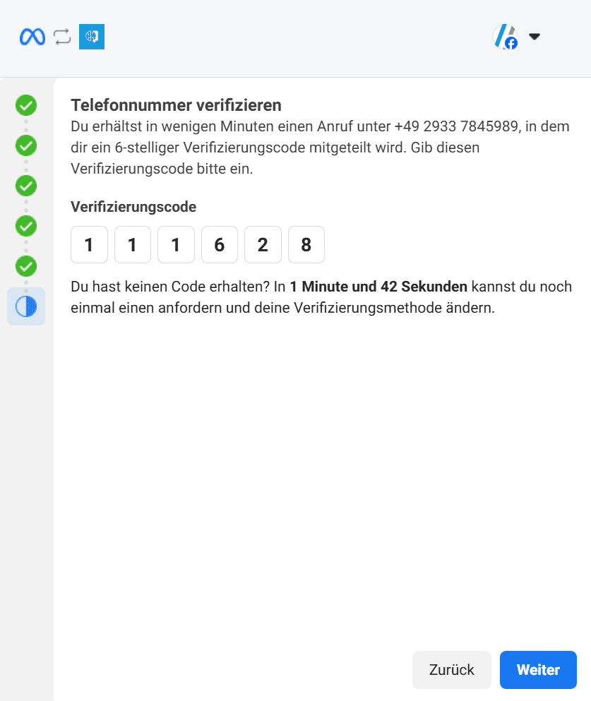 Feld zur Eingabe des sechsstelligen Codes nach SMS- oder Anruf-Verifizierung