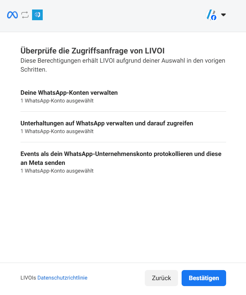 Übersichtsseite zur Bestätigung der LIVOI-Zugriffsanfrage mit aufgelisteten Berechtigungen