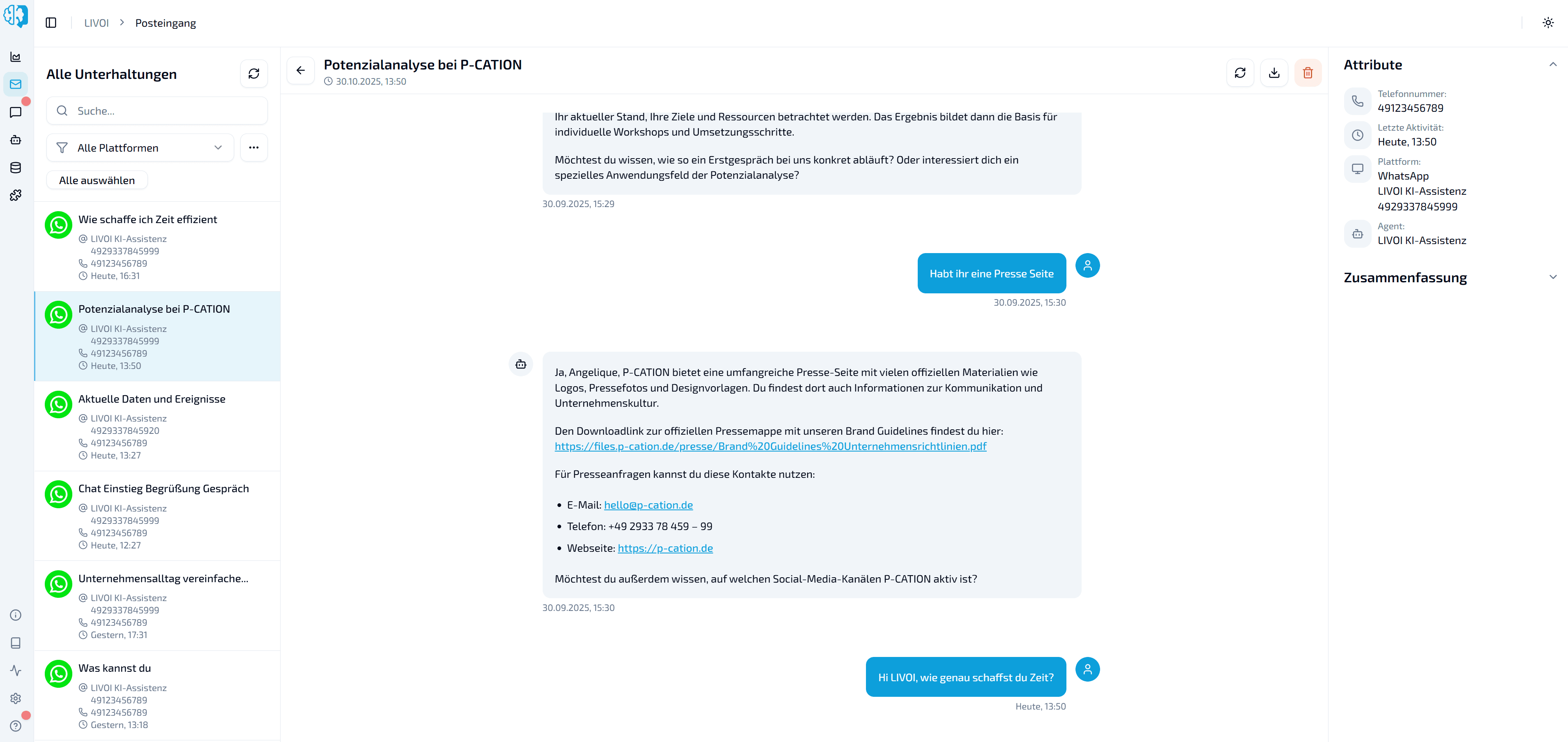 LIVOI Dashboard: Bereich Integrationen mit WhatsApp-Kachel und Schaltfläche Verbinden