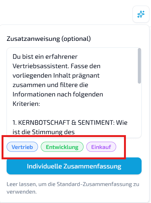LIVOI Dashboard: Vordefinierte Zusatzanweisungen für Zusammenfassungen auswählen