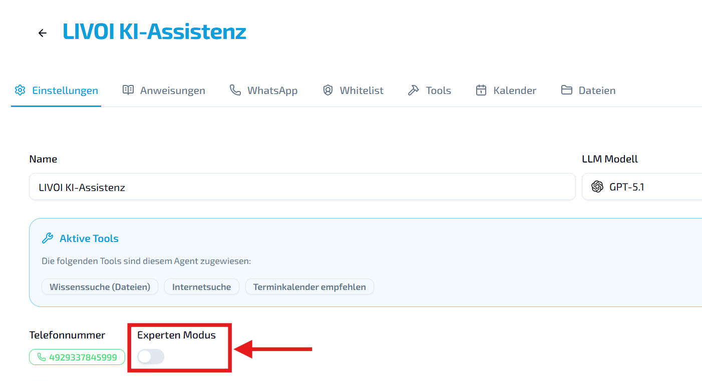 LIVOI Dashboard: Expertenmodus umschalten im Agenten-Detailview