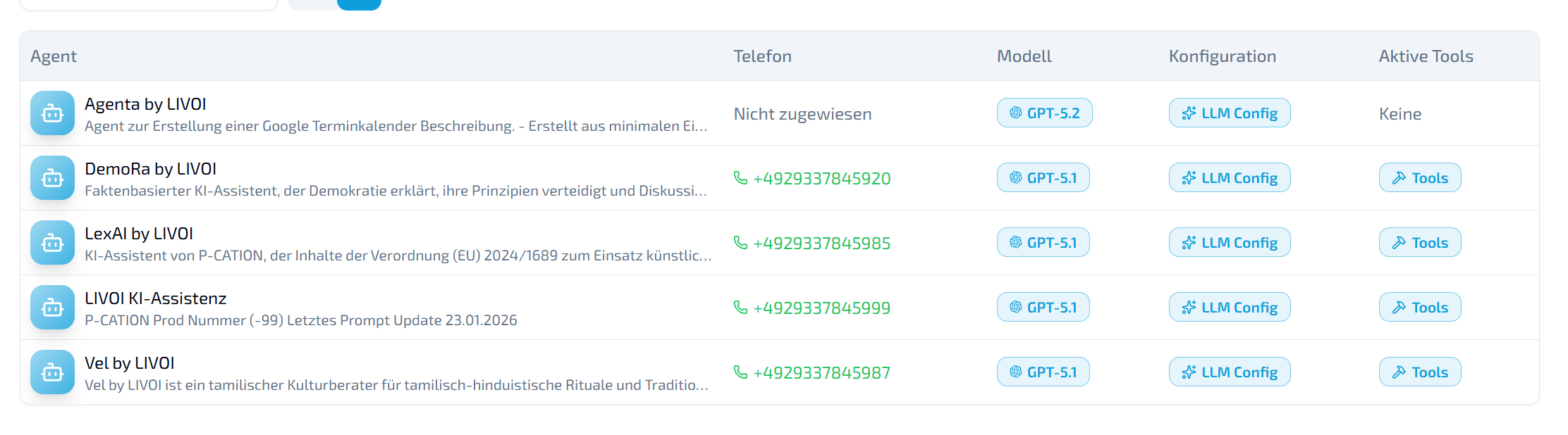 Neue Listenansicht für Agents in der LIVOI Plattform