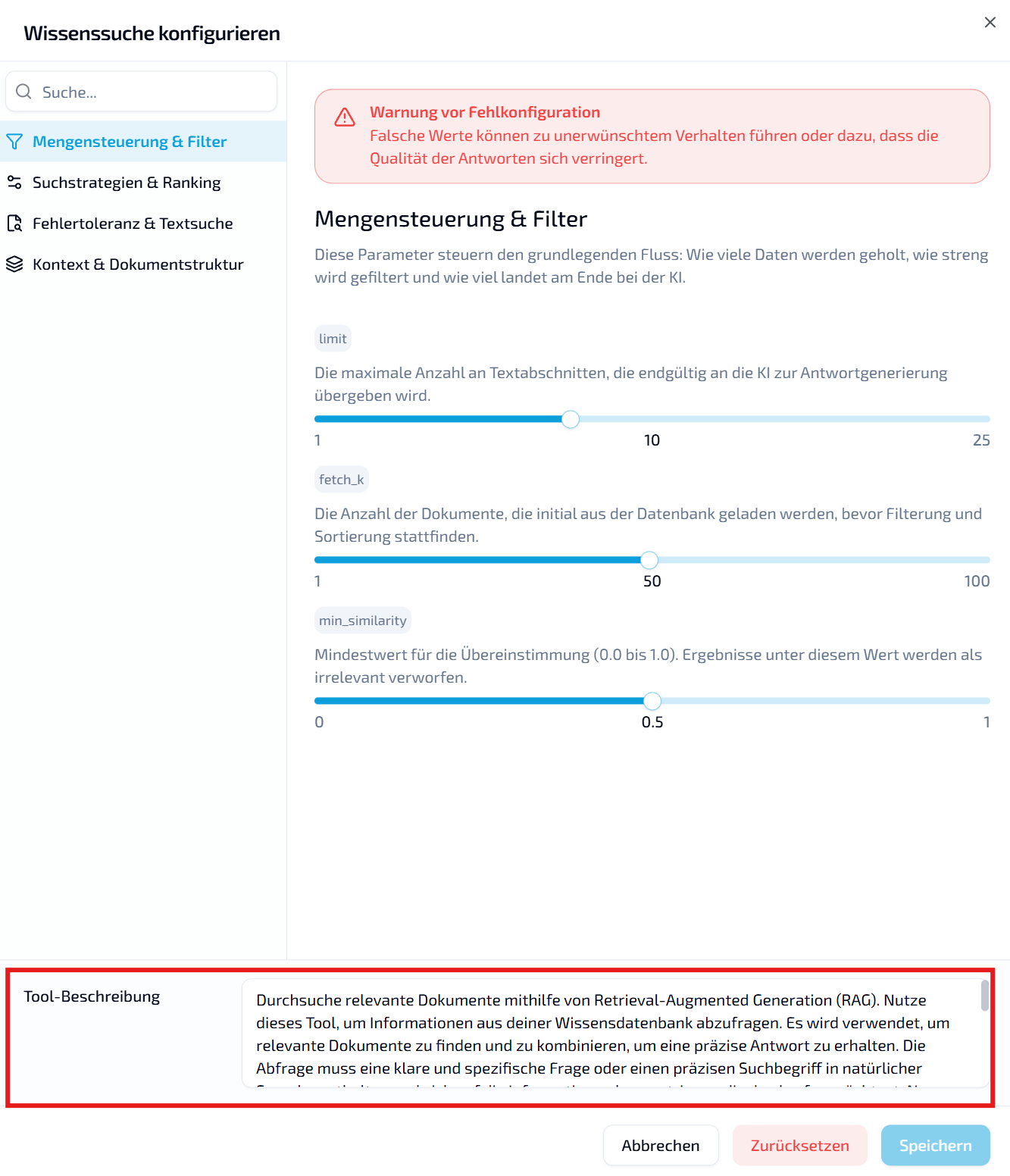 Bearbeitbare Tool-Beschreibung in der Wissenssuche-Konfiguration eines Agenten