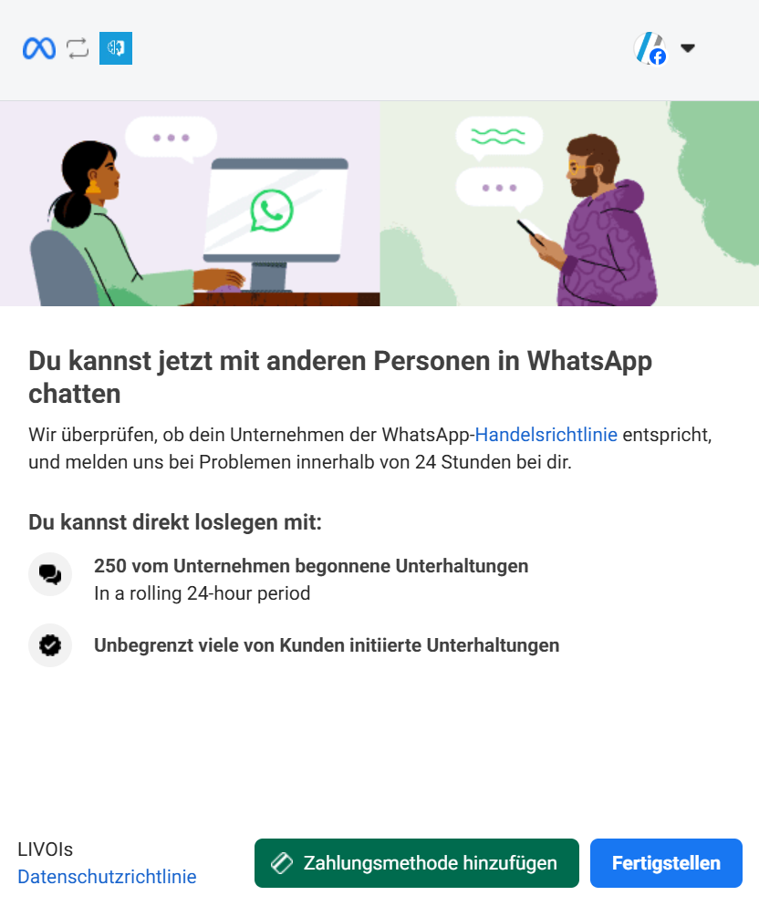 Abschlussseite mit Erfolgsmeldung, Nachrichtenlimits und Option zum Hinzufügen einer Zahlungsmethode