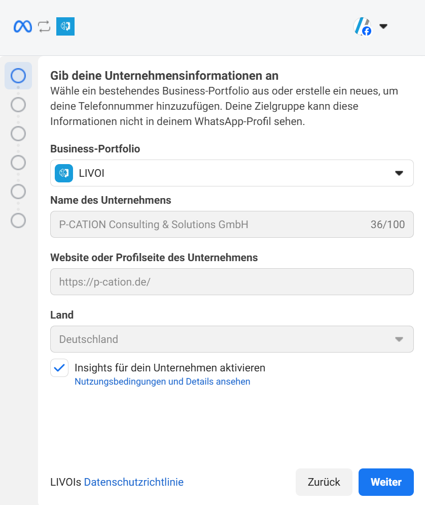 Auswahlansicht für Business-Portfolio und Unternehmensinformationen in Meta