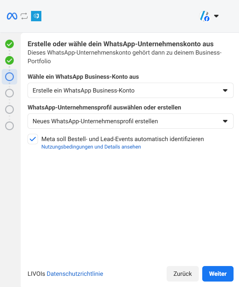 Auswahl oder Erstellung von WhatsApp Business-Konto und Unternehmensprofil
