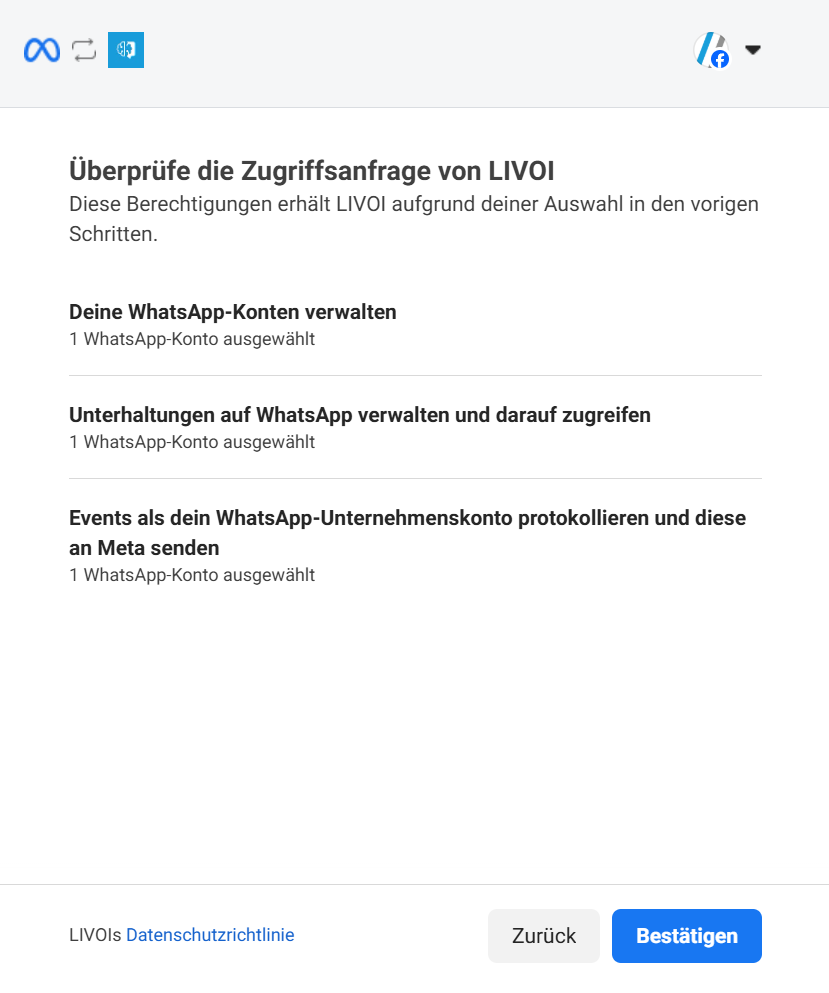 Übersichtsseite zur Bestätigung der LIVOI-Zugriffsanfrage mit aufgelisteten Berechtigungen